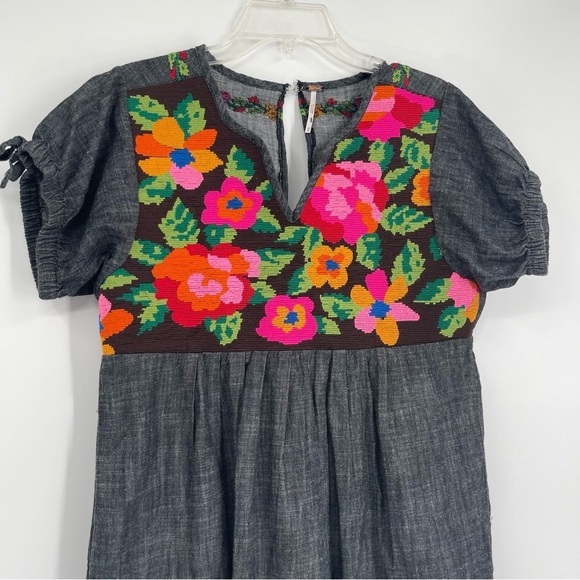 Free People Dress Women Size XS Floral Embroidered Chambray Mini Short Sleeve - Picture 6 of 12